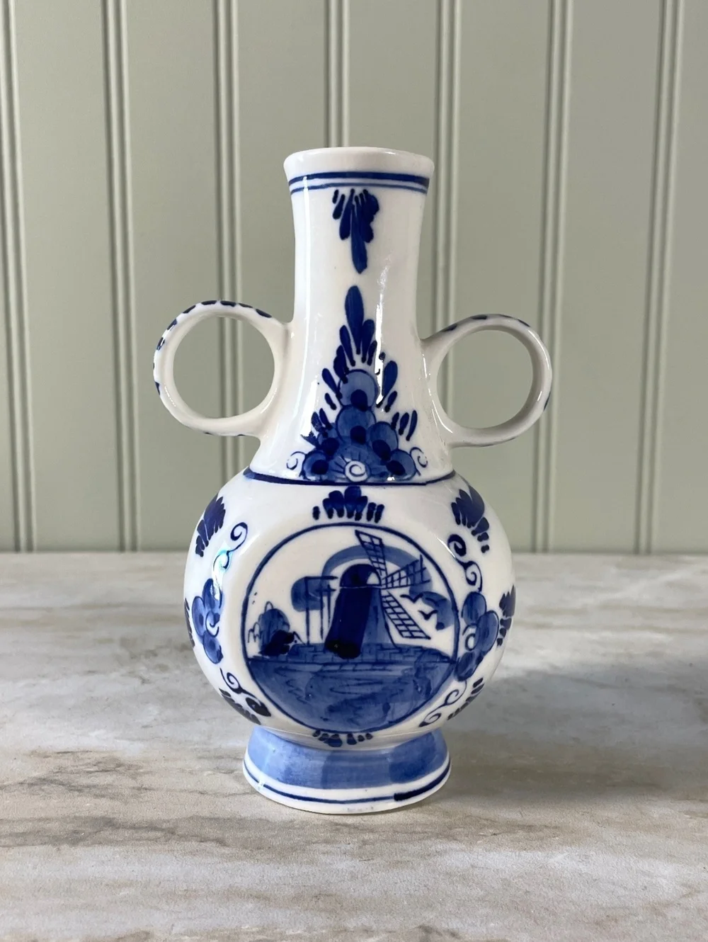 Vintage Holland Delf Double Handled Blue and White Vase